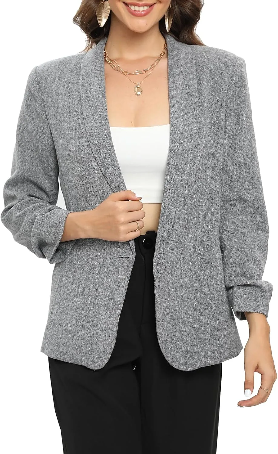 TRNY Womens Blazer Ruched Sleeve Shawl Lapel Suit Blazers Jackets with Pockets for Women Business Casual and Work Office