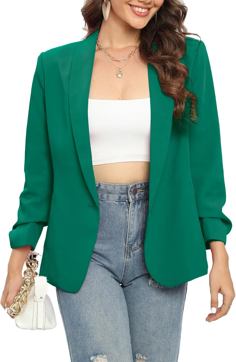 TRNY Womens Blazer Ruched Sleeve Shawl Lapel Suit Blazers Jackets with Pockets for Women Business Casual and Work Office