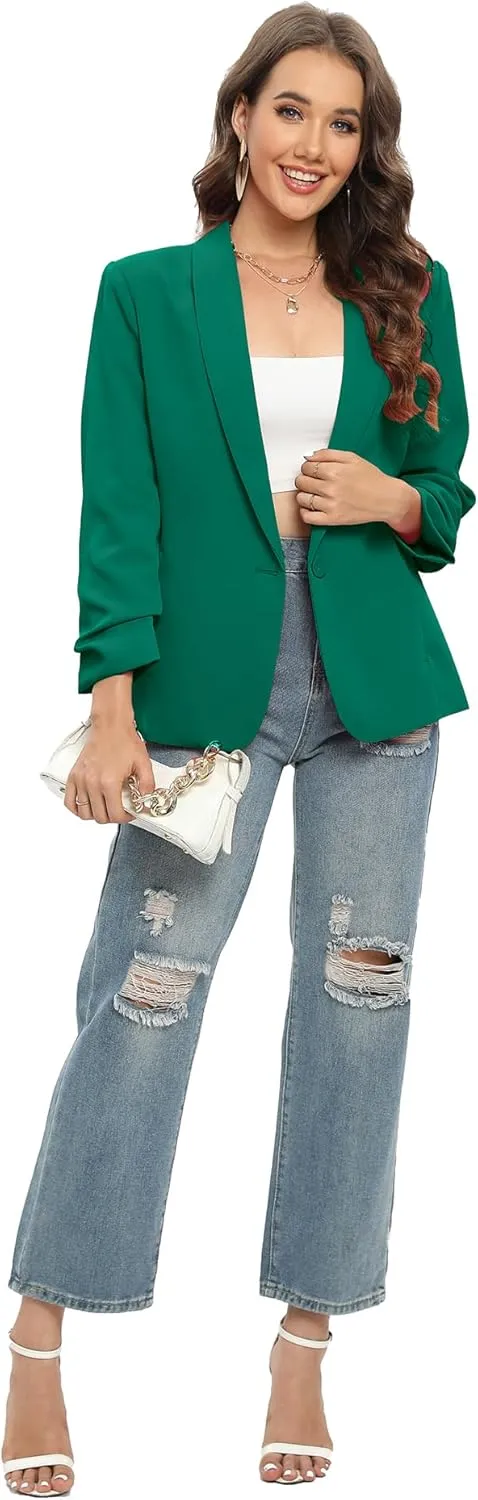TRNY Womens Blazer Ruched Sleeve Shawl Lapel Suit Blazers Jackets with Pockets for Women Business Casual and Work Office