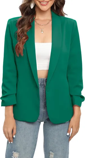 TRNY Womens Blazer Ruched Sleeve Shawl Lapel Suit Blazers Jackets with Pockets for Women Business Casual and Work Office