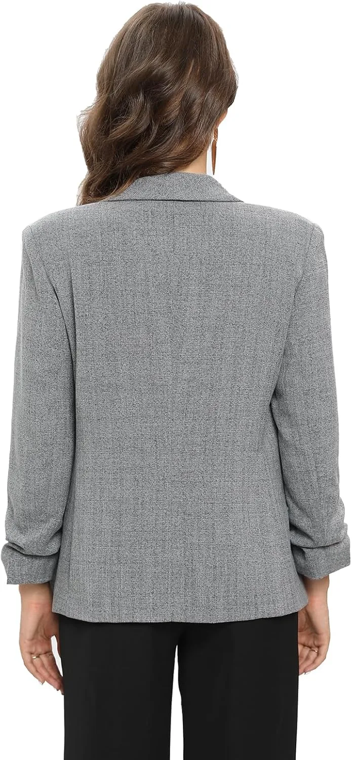 TRNY Womens Blazer Ruched Sleeve Shawl Lapel Suit Blazers Jackets with Pockets for Women Business Casual and Work Office