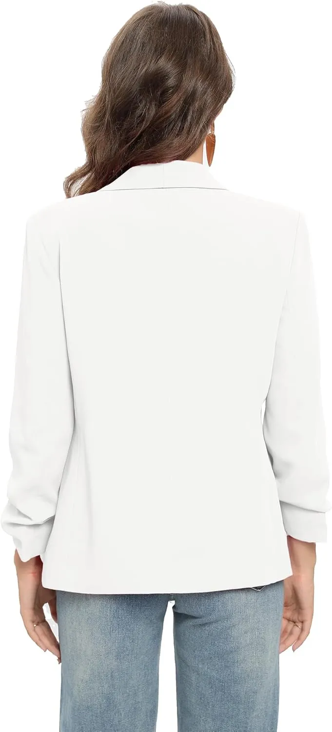 TRNY Womens Blazer Ruched Sleeve Shawl Lapel Suit Blazers Jackets with Pockets for Women Business Casual and Work Office
