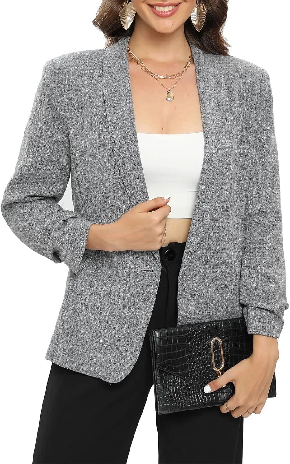TRNY Womens Blazer Ruched Sleeve Shawl Lapel Suit Blazers Jackets with Pockets for Women Business Casual and Work Office