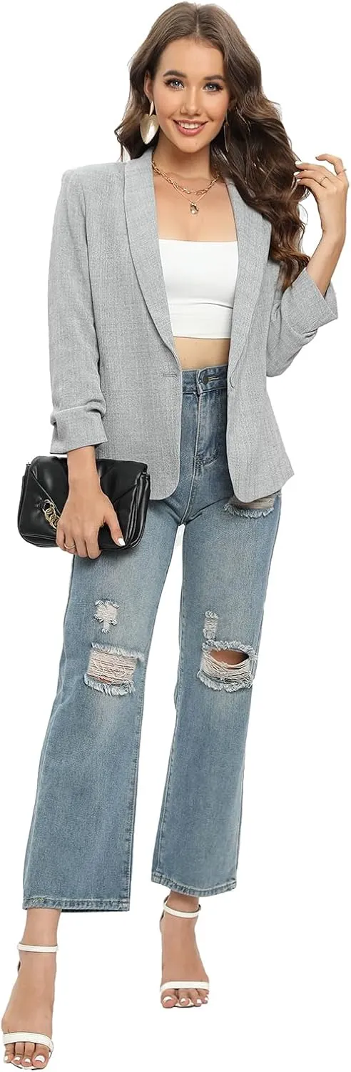 TRNY Womens Blazer Ruched Sleeve Shawl Lapel Suit Blazers Jackets with Pockets for Women Business Casual and Work Office