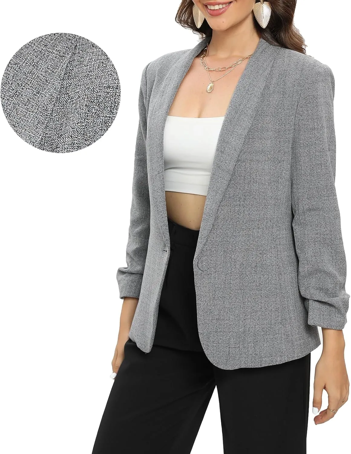 TRNY Womens Blazer Ruched Sleeve Shawl Lapel Suit Blazers Jackets with Pockets for Women Business Casual and Work Office