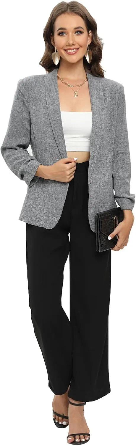 TRNY Womens Blazer Ruched Sleeve Shawl Lapel Suit Blazers Jackets with Pockets for Women Business Casual and Work Office