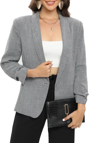 TRNY Womens Blazer Ruched Sleeve Shawl Lapel Suit Blazers Jackets with Pockets for Women Business Casual and Work Office