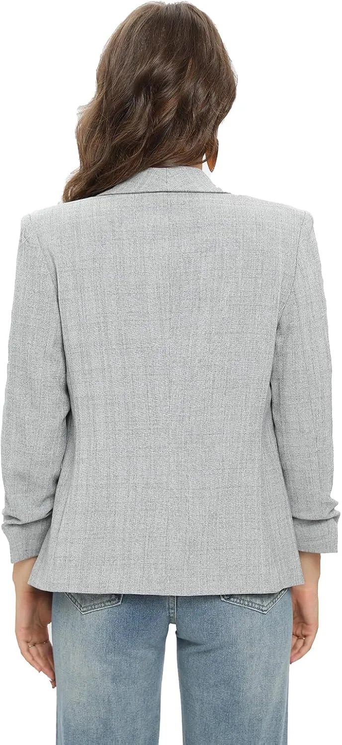 TRNY Womens Blazer Ruched Sleeve Shawl Lapel Suit Blazers Jackets with Pockets for Women Business Casual and Work Office