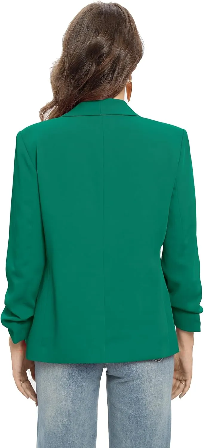 TRNY Womens Blazer Ruched Sleeve Shawl Lapel Suit Blazers Jackets with Pockets for Women Business Casual and Work Office
