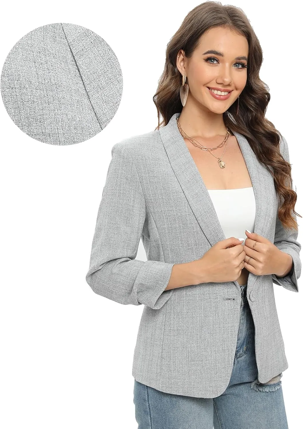 TRNY Womens Blazer Ruched Sleeve Shawl Lapel Suit Blazers Jackets with Pockets for Women Business Casual and Work Office