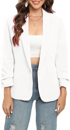 TRNY Womens Blazer Ruched Sleeve Shawl Lapel Suit Blazers Jackets with Pockets for Women Business Casual and Work Office