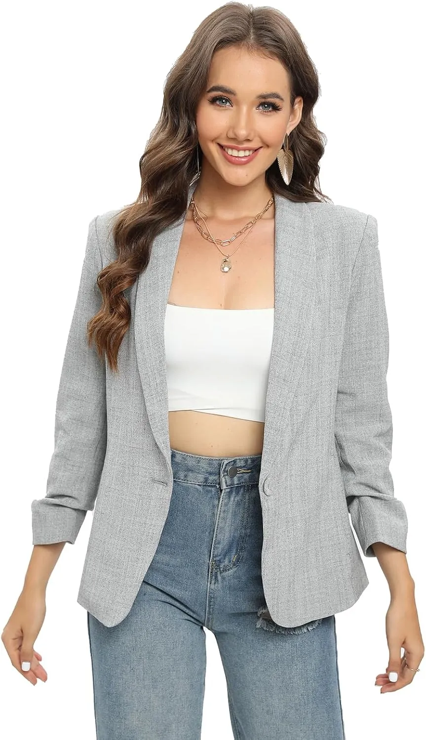 TRNY Womens Blazer Ruched Sleeve Shawl Lapel Suit Blazers Jackets with Pockets for Women Business Casual and Work Office