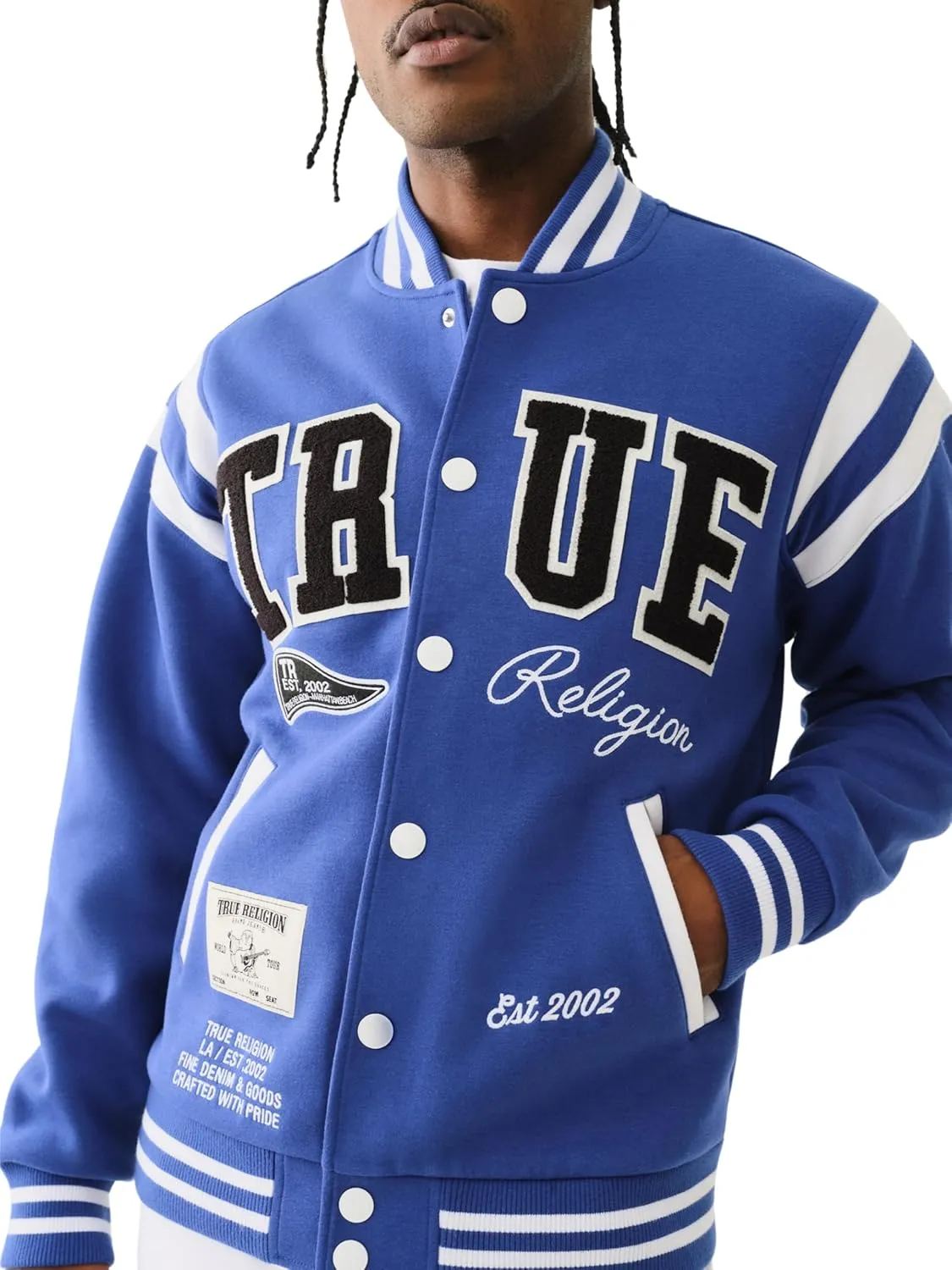 True Religion Men's True Uni. Varsity Jacket - Mazarine Blue | Classic Baseball Jacket