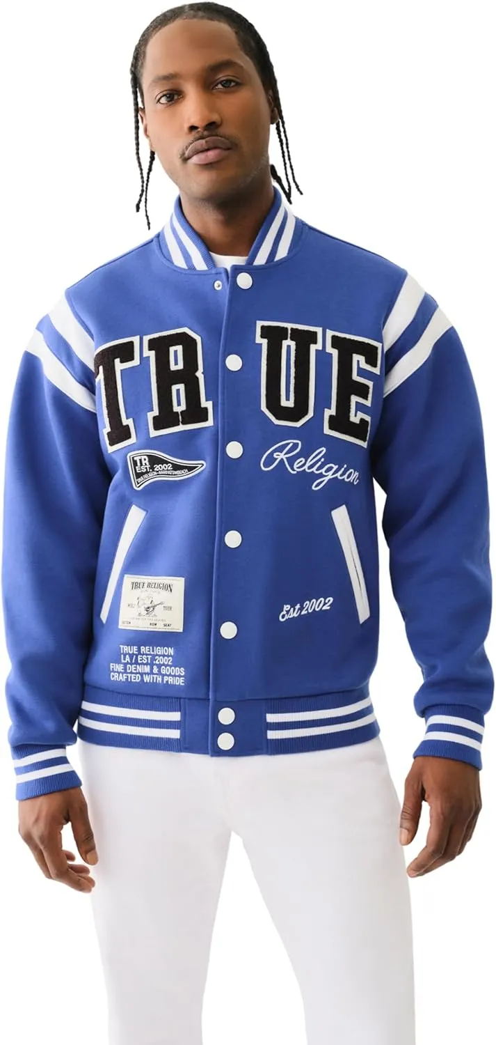 True Religion Men's True Uni. Varsity Jacket - Mazarine Blue | Classic Baseball Jacket