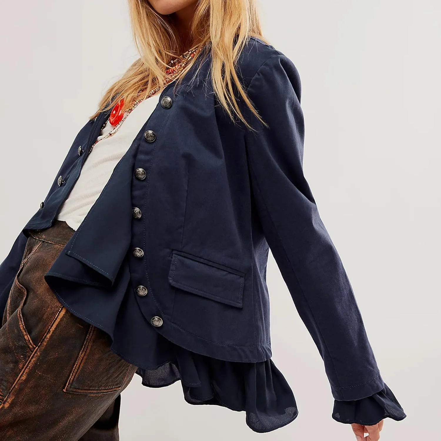 Women Casual Ruffles Jacket High Low Hem Steampunk Blazers Button up Romance Open Front Cotton Cardigan