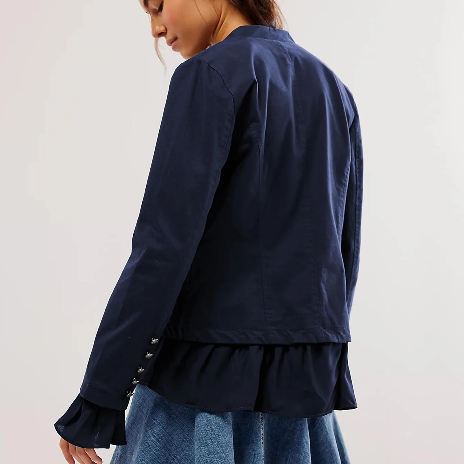 Women Casual Ruffles Jacket High Low Hem Steampunk Blazers Button up Romance Open Front Cotton Cardigan