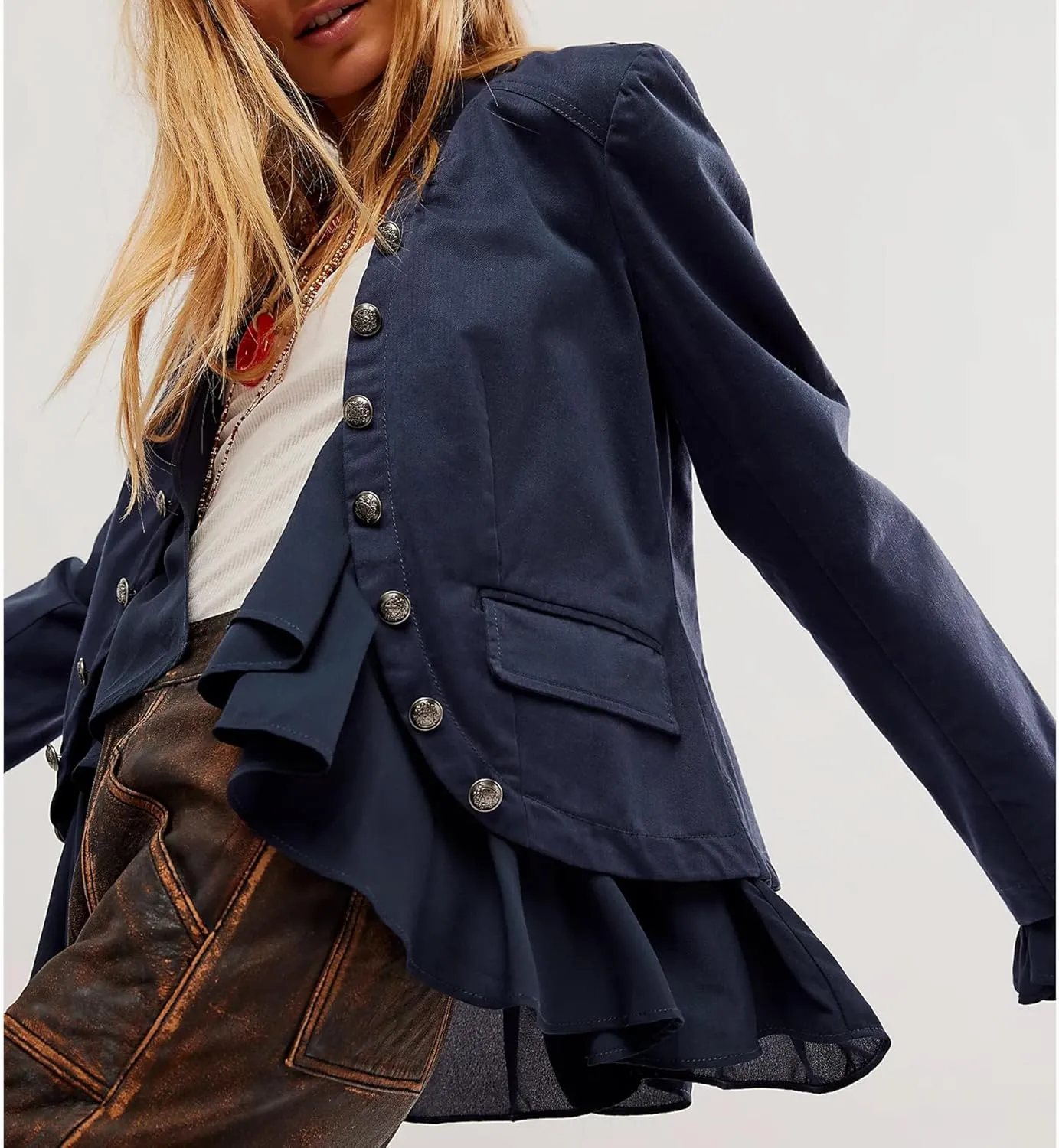 Women Casual Ruffles Jacket High Low Hem Steampunk Blazers Button up Romance Open Front Cotton Cardigan