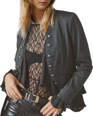 Women Casual Ruffles Jacket High Low Hem Steampunk Blazers Button up Romance Open Front Cotton Cardigan
