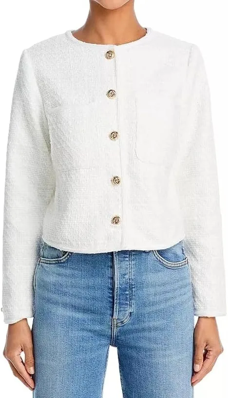 Women Cropped Tweed Jacket Long Sleeve Button Down Slim Fit Casual Business Blazer Jacket with Pockets
