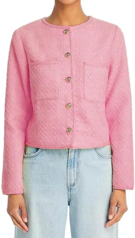 Women Cropped Tweed Jacket Long Sleeve Button Down Slim Fit Casual Business Blazer Jacket with Pockets