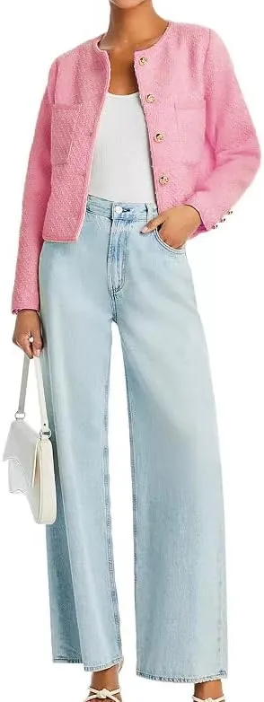Women Cropped Tweed Jacket Long Sleeve Button Down Slim Fit Casual Business Blazer Jacket with Pockets