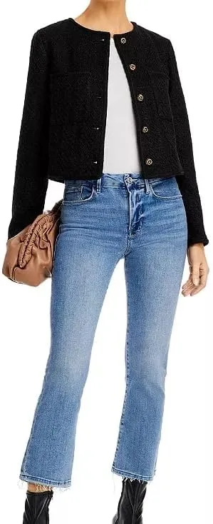 Women Cropped Tweed Jacket Long Sleeve Button Down Slim Fit Casual Business Blazer Jacket with Pockets