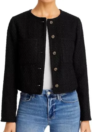 Women Cropped Tweed Jacket Long Sleeve Button Down Slim Fit Casual Business Blazer Jacket with Pockets
