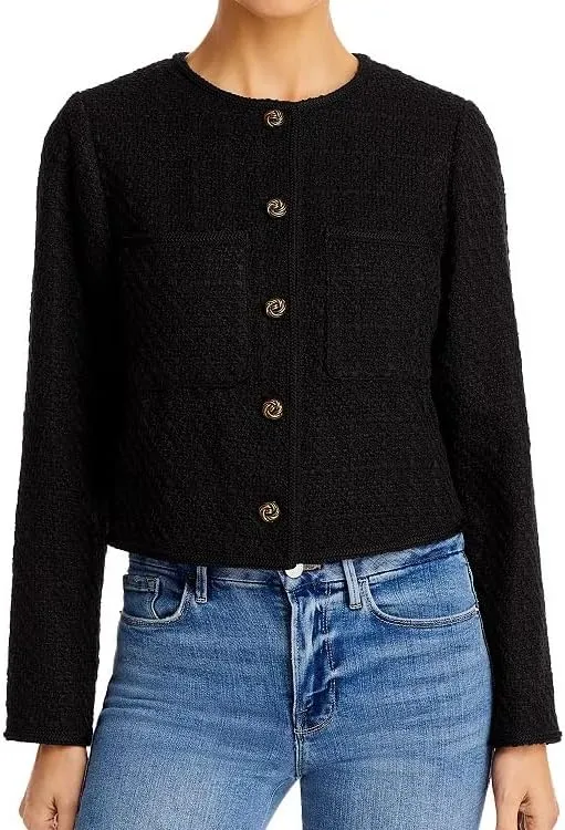 Women Cropped Tweed Jacket Long Sleeve Button Down Slim Fit Casual Business Blazer Jacket with Pockets