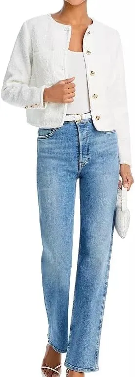 Women Cropped Tweed Jacket Long Sleeve Button Down Slim Fit Casual Business Blazer Jacket with Pockets