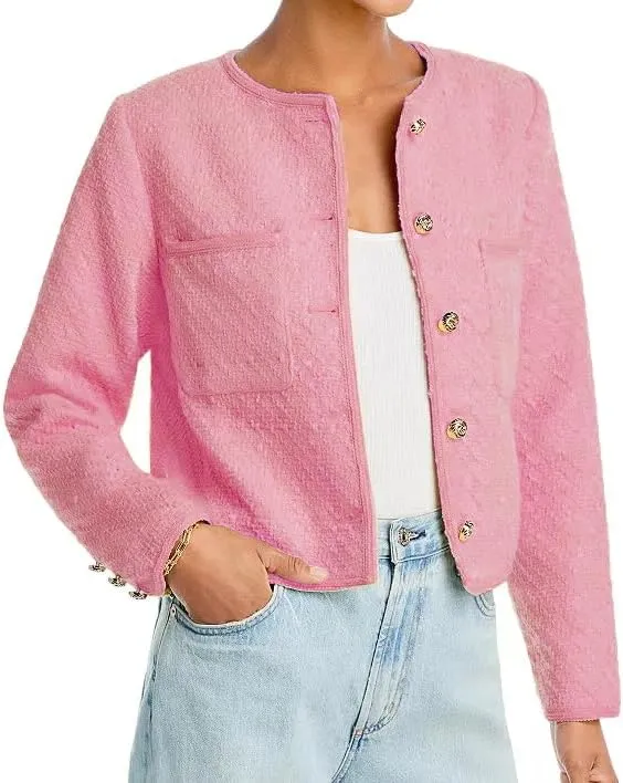 Women Cropped Tweed Jacket Long Sleeve Button Down Slim Fit Casual Business Blazer Jacket with Pockets