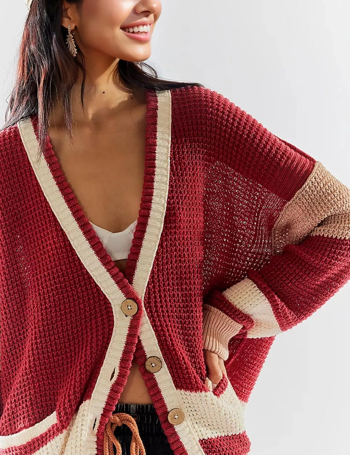 Womens Button Down Cardigan Sweaters Long Sleeve V Neck Knit Tops with Pockets