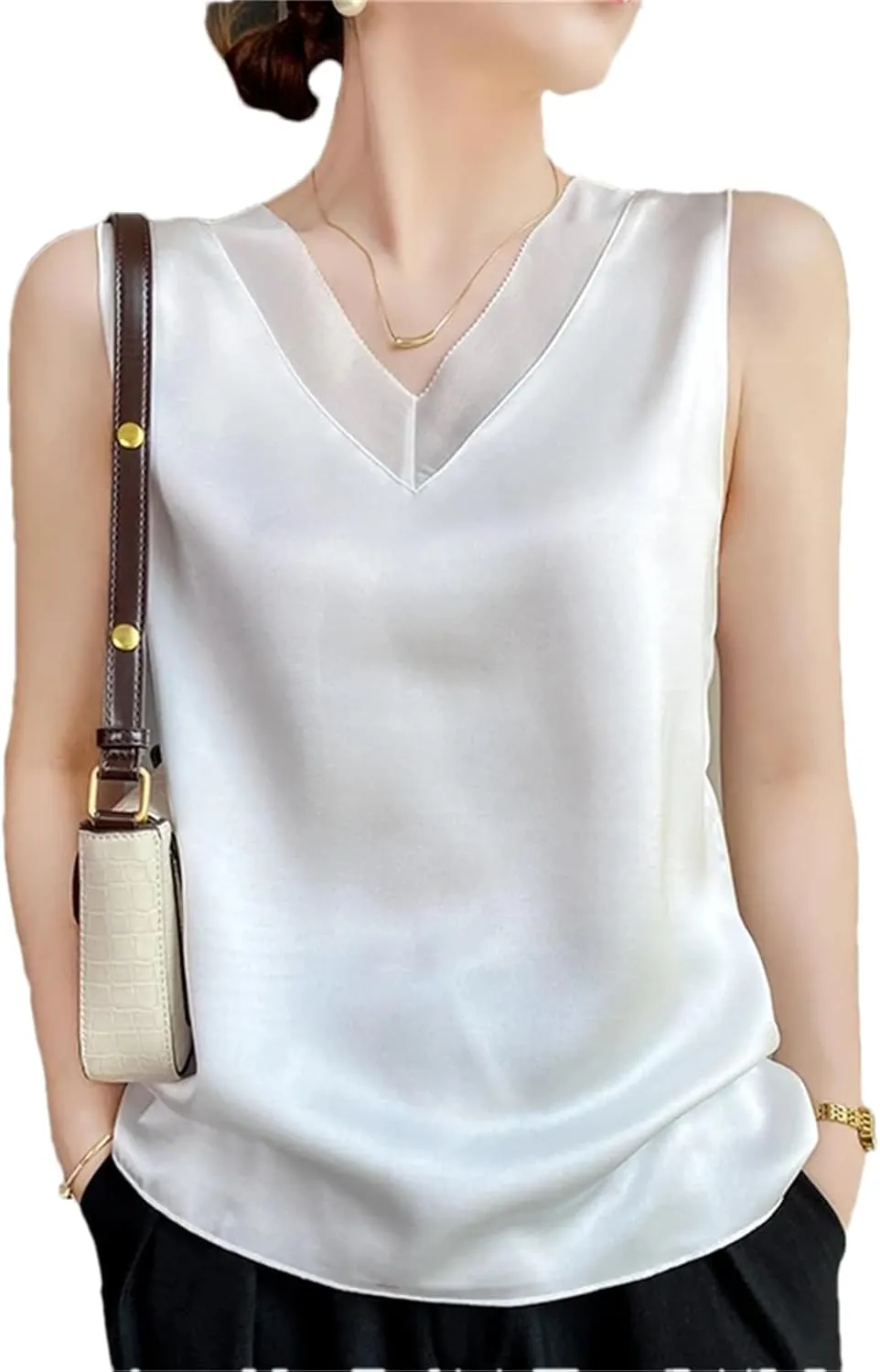 Womens Casual Silk Satin Camisole Top Summer V-Neck Thin Sleeveless Bottoming T-Shirt Vest