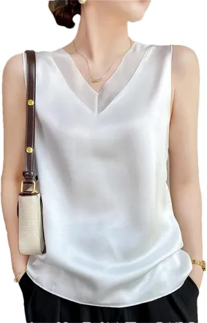 Womens Casual Silk Satin Camisole Top Summer V-Neck Thin Sleeveless Bottoming T-Shirt Vest