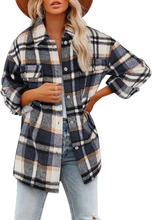 Women's Flannel Plaid Jacket Long Sleeve Button Down Pocket Shirts Coats Shacket