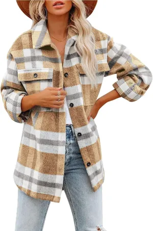 Women's Flannel Plaid Jacket Long Sleeve Button Down Pocket Shirts Coats Shacket