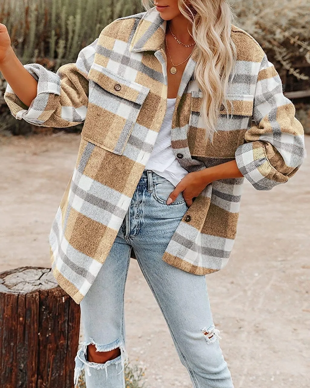 Women's Flannel Plaid Jacket Long Sleeve Button Down Pocket Shirts Coats Shacket