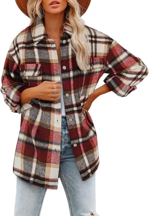Women's Flannel Plaid Jacket Long Sleeve Button Down Pocket Shirts Coats Shacket