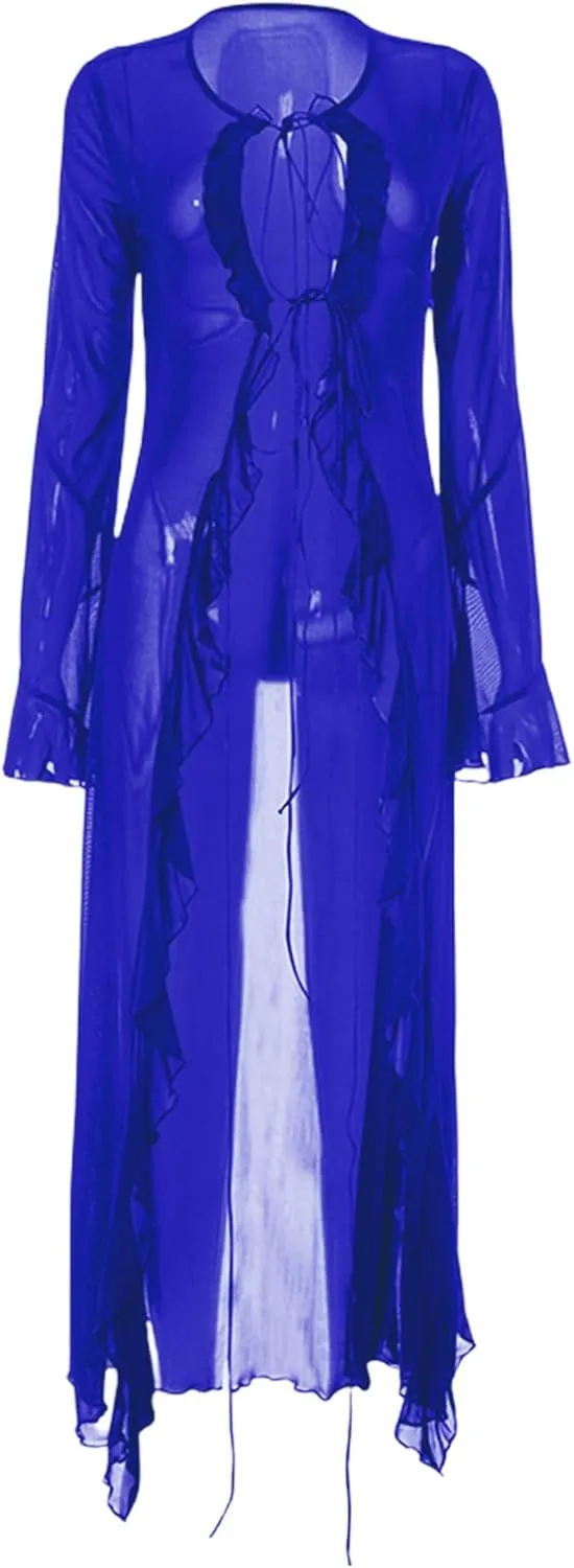 Women's Mesh Sheer Long Flared Sleeve Cardigan Maxi Dress Lace Up Ruffles See Through Beach Cover Ups Party Clubwear