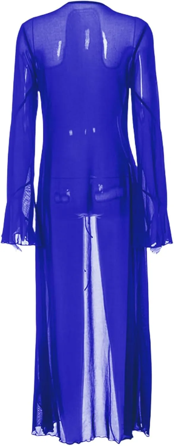 Women's Mesh Sheer Long Flared Sleeve Cardigan Maxi Dress Lace Up Ruffles See Through Beach Cover Ups Party Clubwear