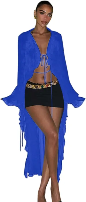 Women's Mesh Sheer Long Flared Sleeve Cardigan Maxi Dress Lace Up Ruffles See Through Beach Cover Ups Party Clubwear