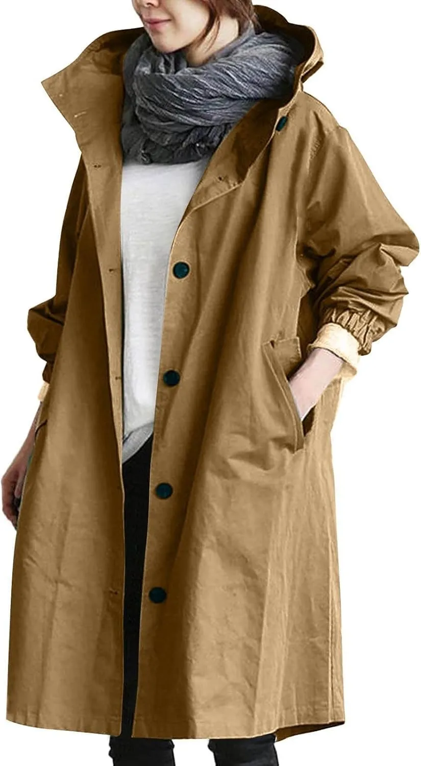 Women's Mid Length Trench Coat, Lightweight Hooded Trench Coats, Women's Coat Lapel Button Down Pedcoat