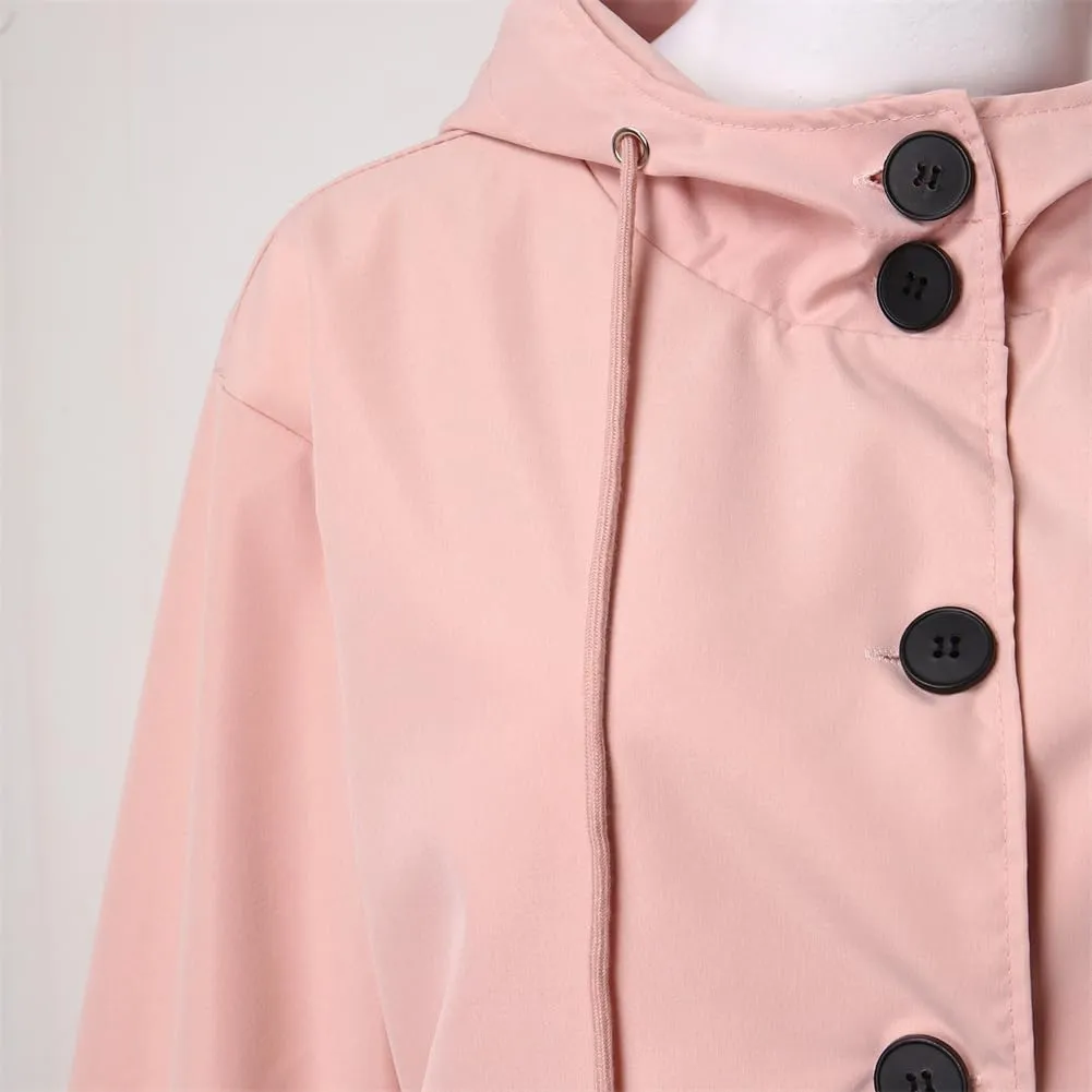 Women's Mid Length Trench Coat, Lightweight Hooded Trench Coats, Women's Coat Lapel Button Down Pedcoat