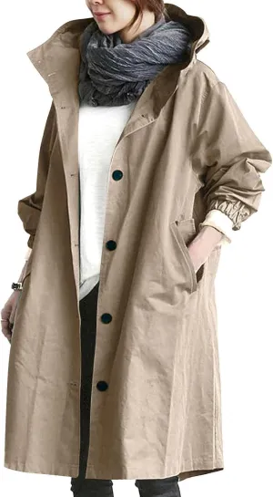 Women's Mid Length Trench Coat, Lightweight Hooded Trench Coats, Women's Coat Lapel Button Down Pedcoat