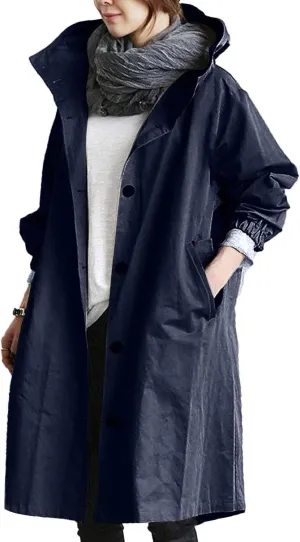 Women's Mid Length Trench Coat, Lightweight Hooded Trench Coats, Women's Coat Lapel Button Down Pedcoat