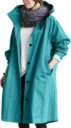 Women's Mid Length Trench Coat, Lightweight Hooded Trench Coats, Women's Coat Lapel Button Down Pedcoat