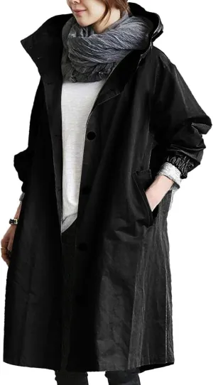 Women's Mid Length Trench Coat, Lightweight Hooded Trench Coats, Women's Coat Lapel Button Down Pedcoat