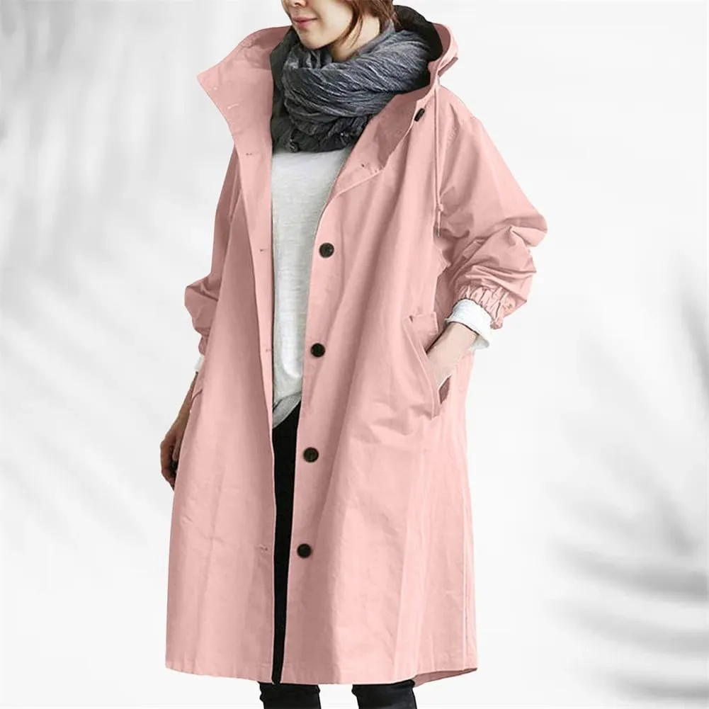 Women's Mid Length Trench Coat, Lightweight Hooded Trench Coats, Women's Coat Lapel Button Down Pedcoat