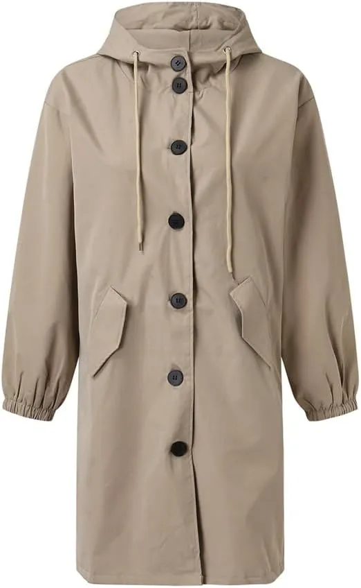 Women's Mid Length Trench Coat, Lightweight Hooded Trench Coats, Women's Coat Lapel Button Down Pedcoat
