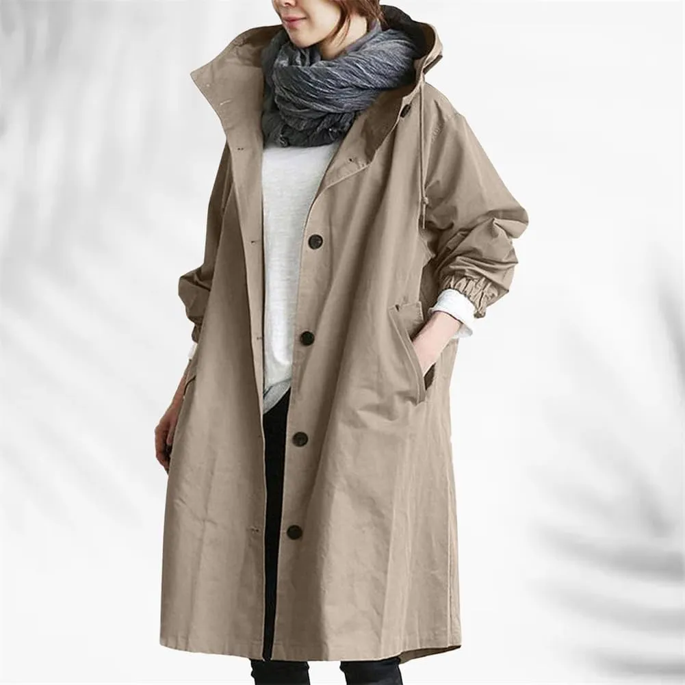 Women's Mid Length Trench Coat, Lightweight Hooded Trench Coats, Women's Coat Lapel Button Down Pedcoat