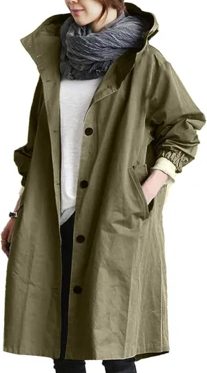 Women's Mid Length Trench Coat, Lightweight Hooded Trench Coats, Women's Coat Lapel Button Down Pedcoat